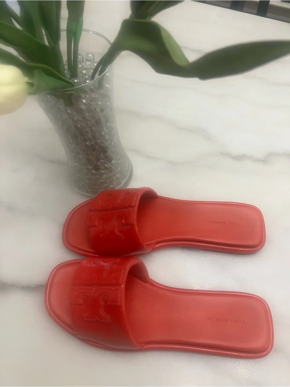 Tory Burch Coral-Red Logo Slide Sandals